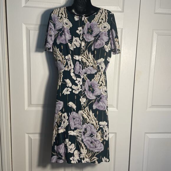 Vintage Y2K Ann Taylor Dress Women 12 Green Beige Purple Large Flowers Babydoll - Picture 3 of 13